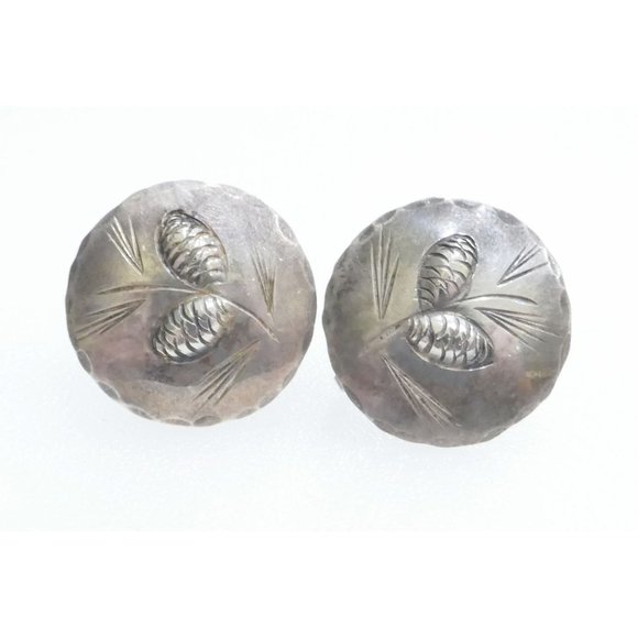 Vintage Sterling Silver Pine Cone Earrings Signed NYE - Hand Wrought - Picture 1 of 6